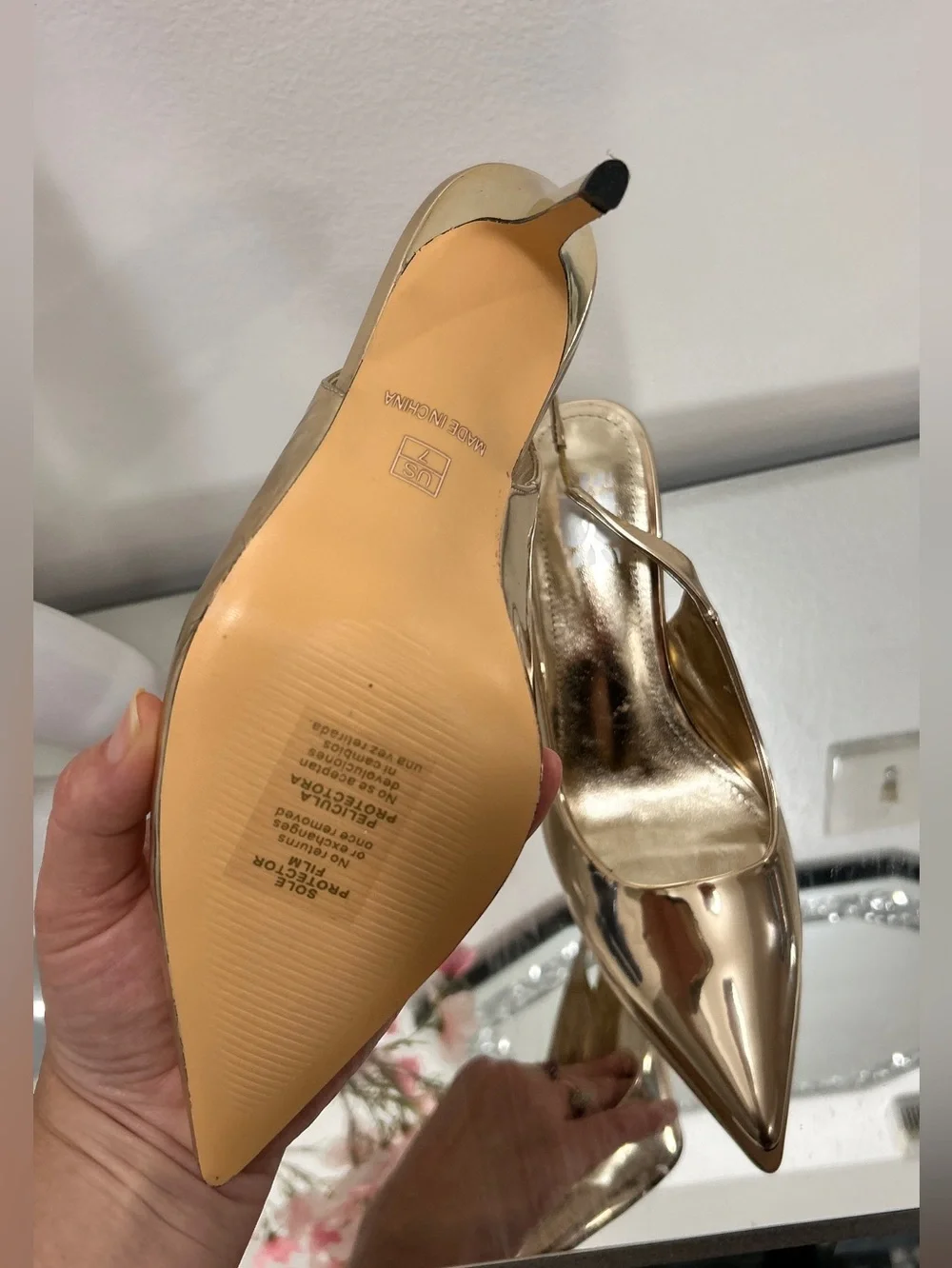 Gold Mirror Metallic Slingback Heels Pointed Toe Stiletto Pumps NEW
